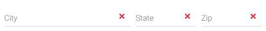 City form field (left blank) with a red X, State form field left blank with red X, zip code form field left blank with red X.